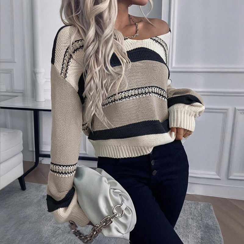 Women's French Vintage Striped Sweater, V-Neck Long Sleeve Stretch Knit Top For Fall Winter Layering