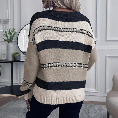 Women's French Vintage Striped Sweater, V-Neck Long Sleeve Stretch Knit Top For Fall Winter Layering