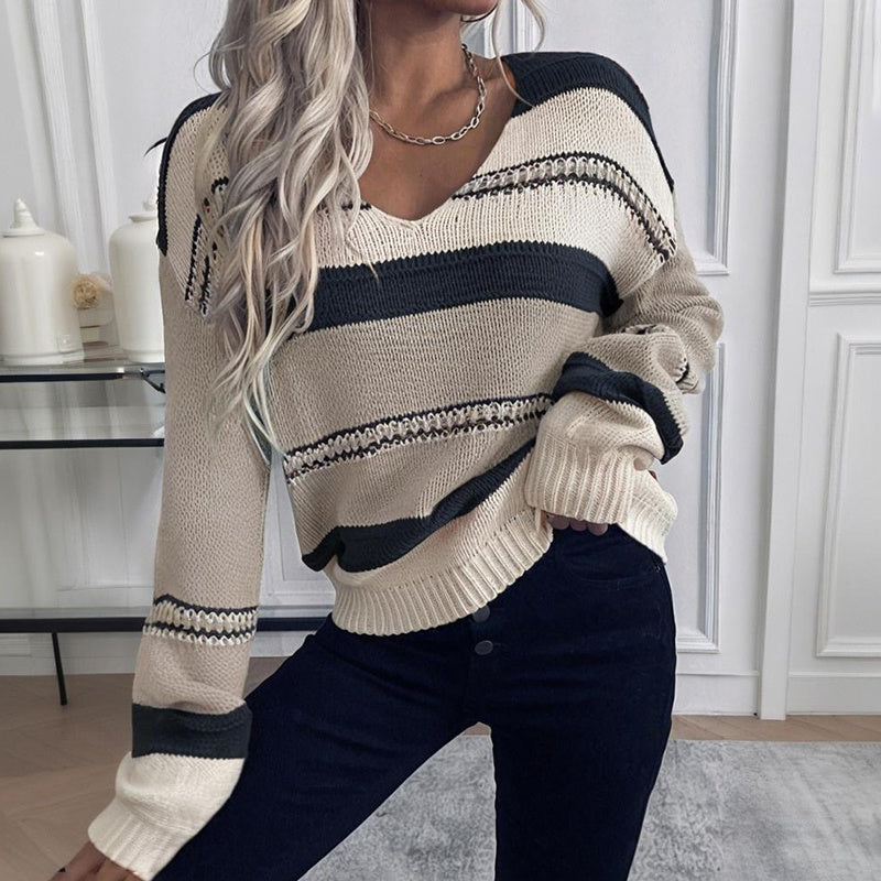 Women's French Vintage Striped Sweater, V-Neck Long Sleeve Stretch Knit Top For Fall Winter Layering